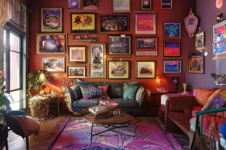 Sala decorada com quadros bonitos.