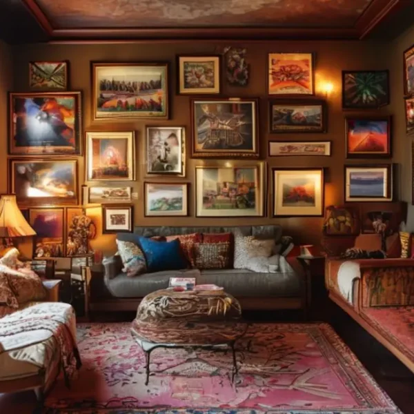 Quarto decorado com uma variedade de quadros e posters inspiradores.