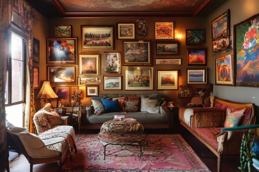 Quarto decorado com uma variedade de quadros e posters inspiradores.