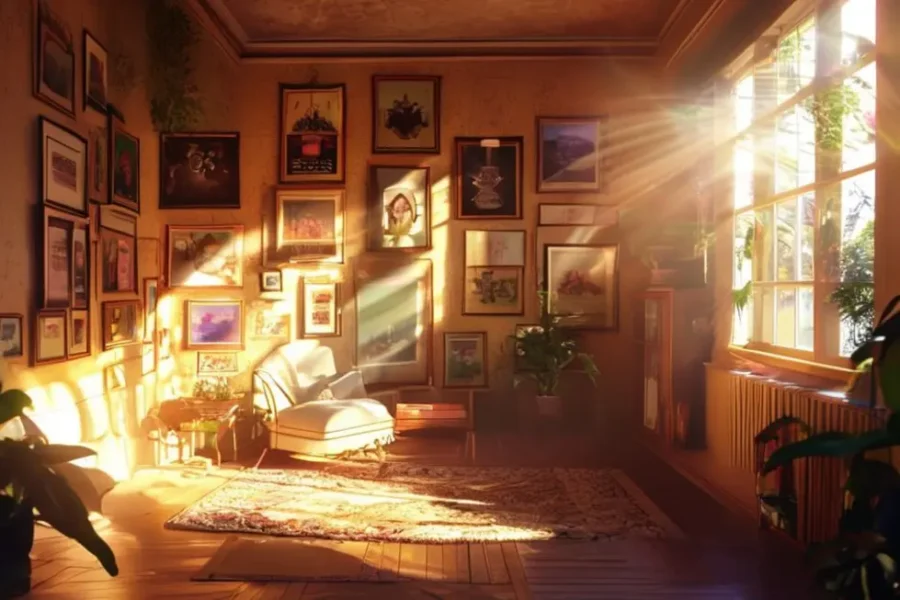 Sala decorada com arte nas paredes