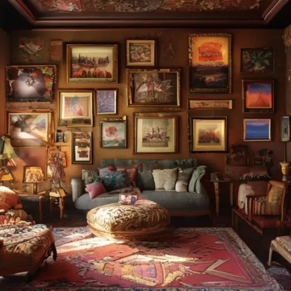 Sala decorada com variedade de quadros e posters que refletem estilo pessoal.