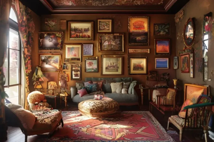 Sala decorada com variedade de quadros e posters que refletem estilo pessoal.