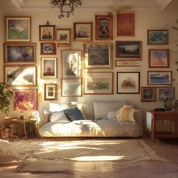 Sala decorada exibindo quadros em diferentes estilos.