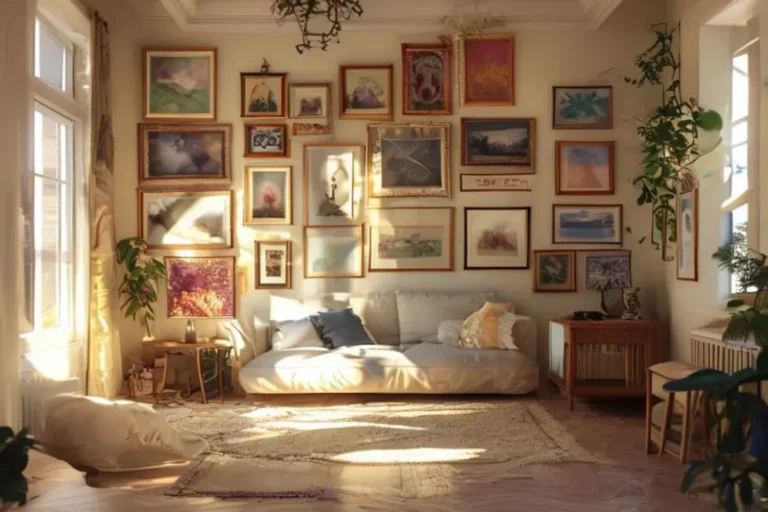 Sala decorada exibindo quadros em diferentes estilos.