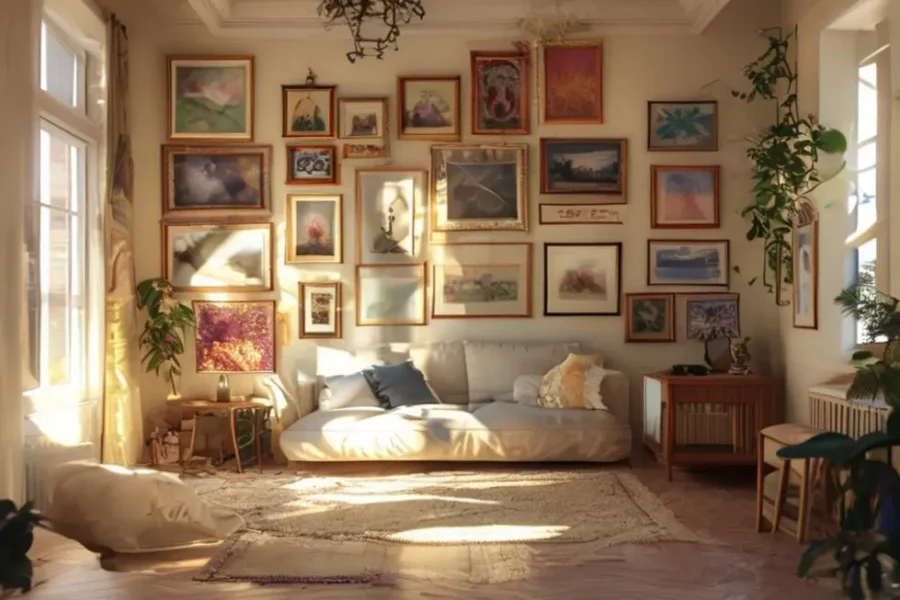 Sala decorada exibindo quadros em diferentes estilos.
