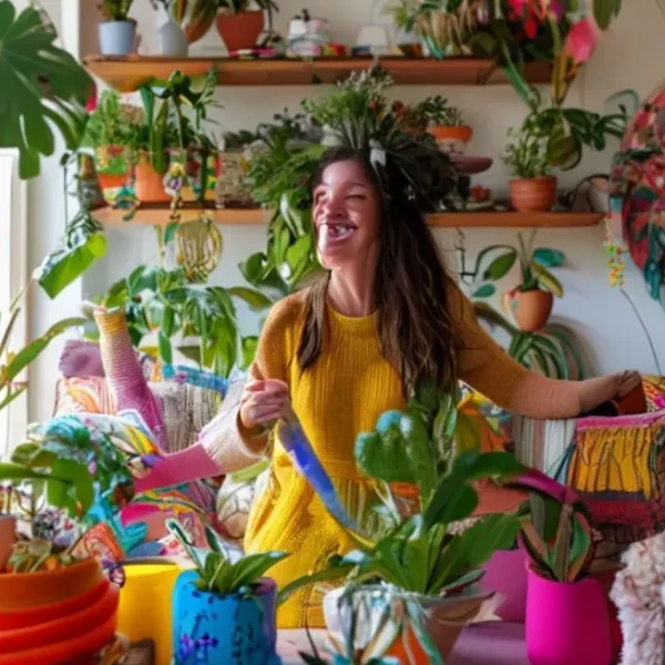 Mulher decorando sua sala de estar com itens coloridos e plantas.