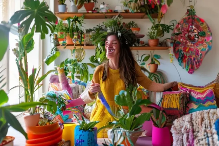 Mulher decorando sua sala de estar com itens coloridos e plantas.