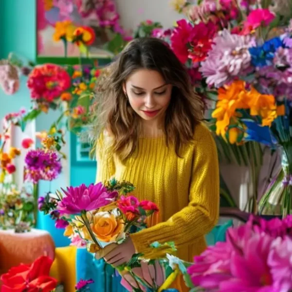 Imagem de uma mulher decorando sua sala com flores e cores vibrantes.