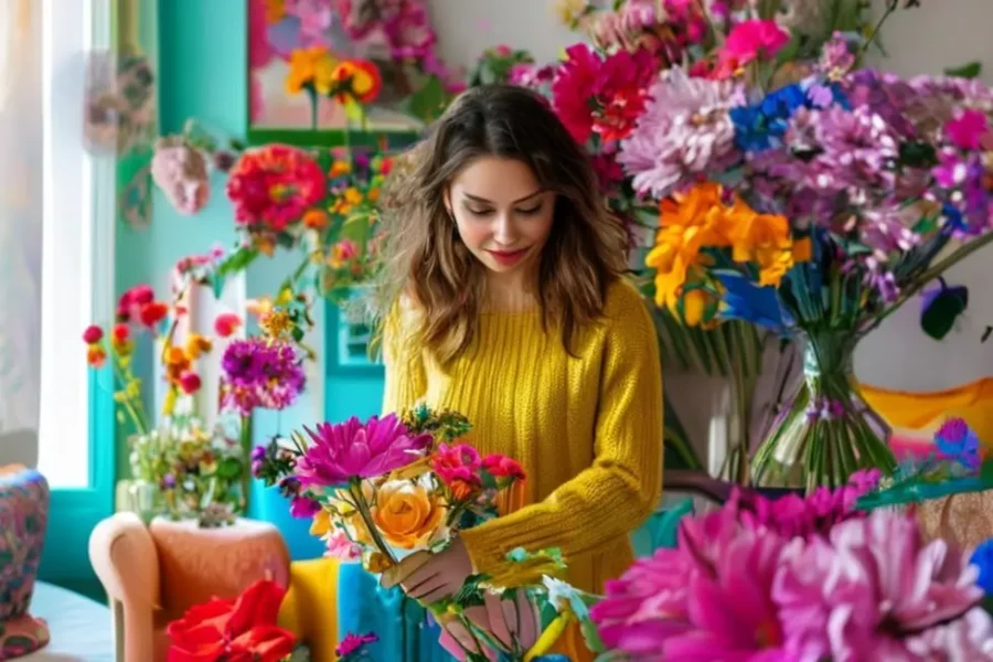 Imagem de uma mulher decorando sua sala com flores e cores vibrantes.