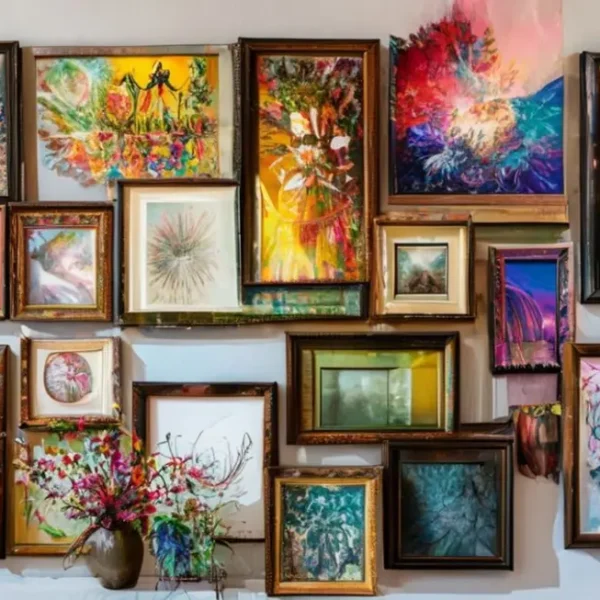 Disposição de quadros e arte em uma parede estilosa.