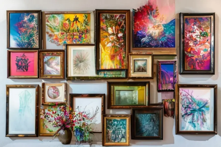 Disposição de quadros e arte em uma parede estilosa.