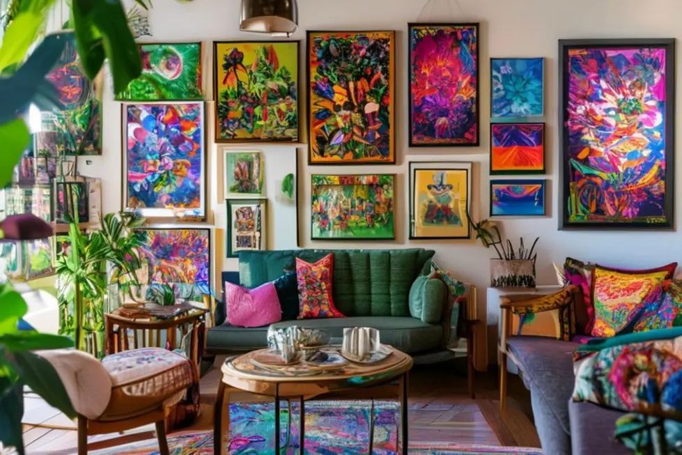 Coleção de arte decorativa iluminada em um ambiente acolhedor.