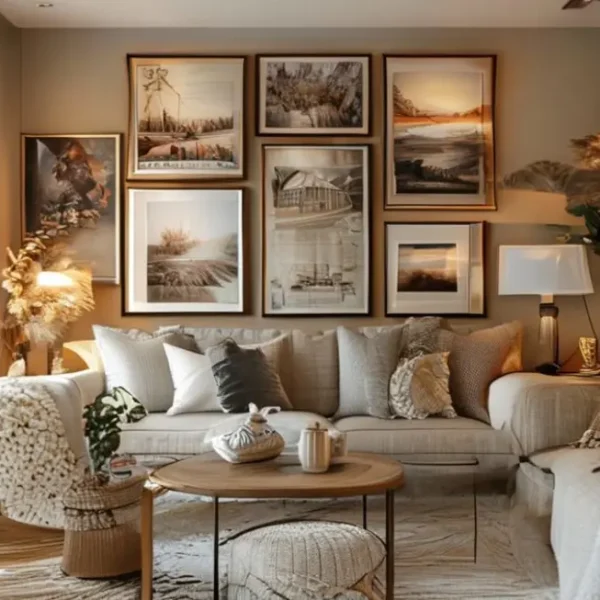 Interior de casa com quadros e posters decorativos.