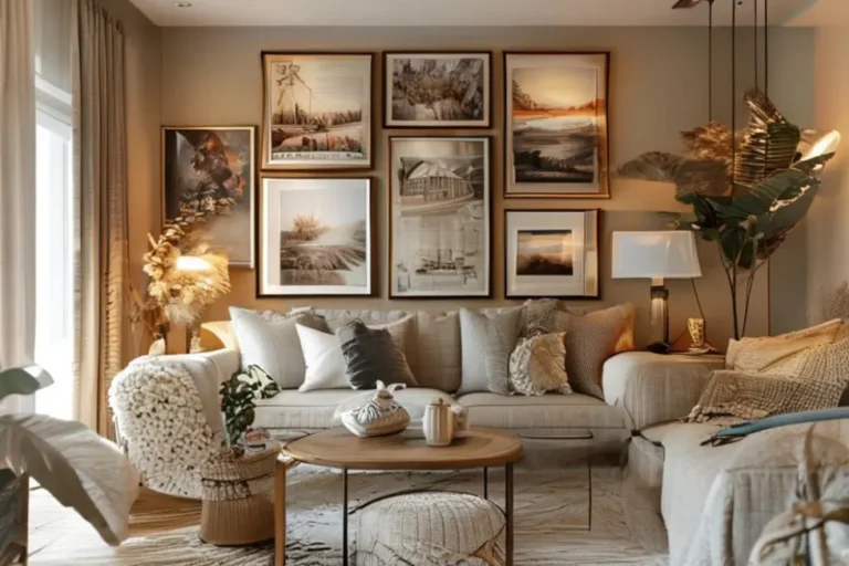 Interior de casa com quadros e posters decorativos.