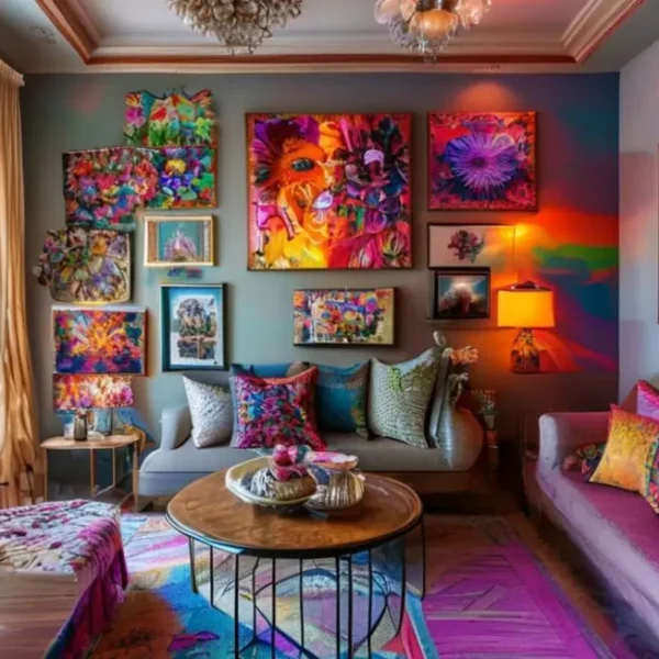 Ambiente decorado com quadros e posters coloridos e estilosos.