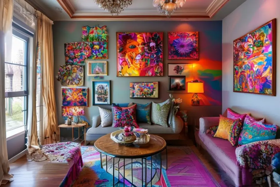 Ambiente decorado com quadros e posters coloridos e estilosos.