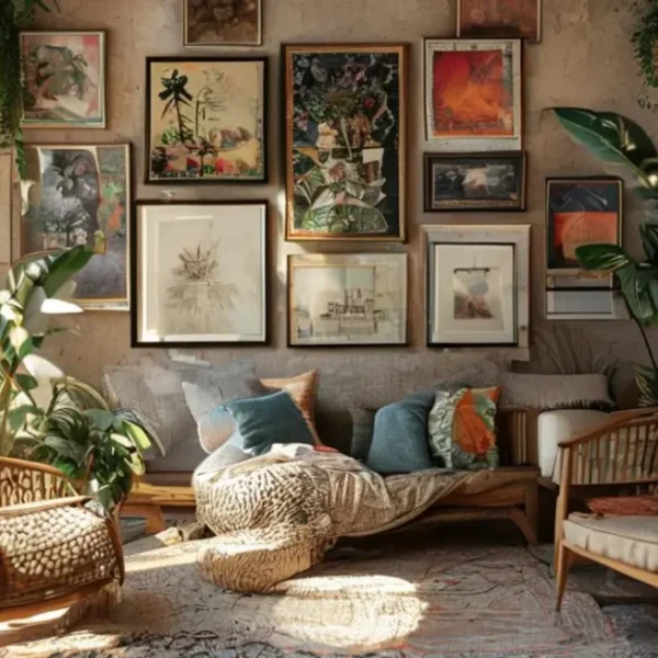 Espaço decorativo com quadros e plantas.