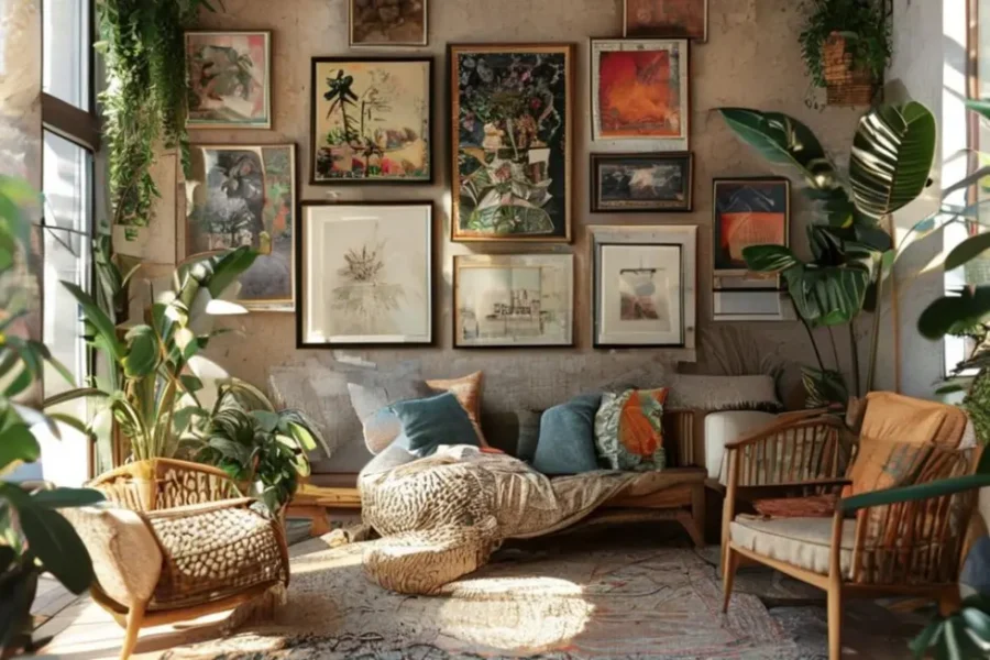 Espaço decorativo com quadros e plantas.