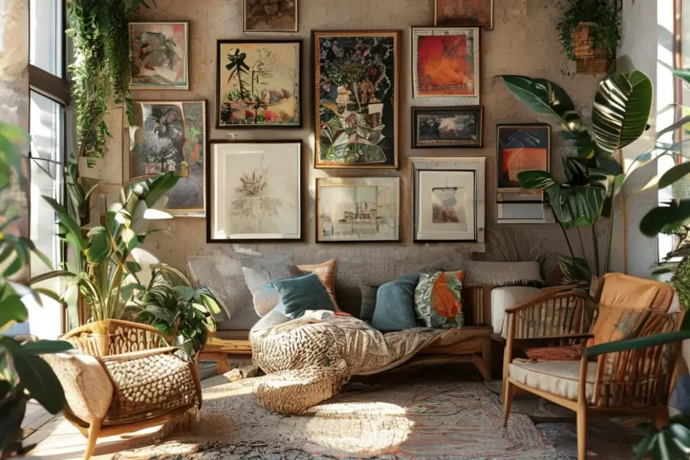 Espaço decorativo com quadros e plantas.