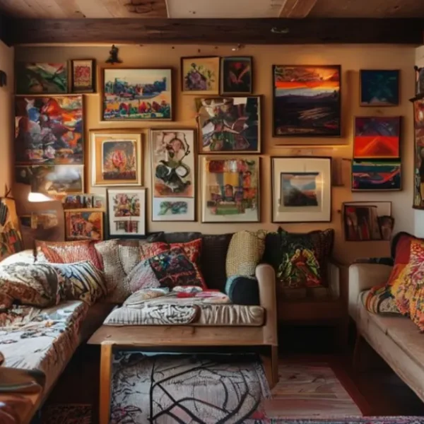 Sala decorada com arte que reflete estilo pessoal.