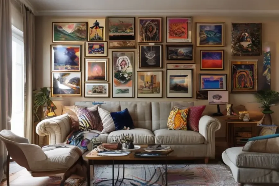 Sala de estar elegante decorada com quadros e posters artísticos.