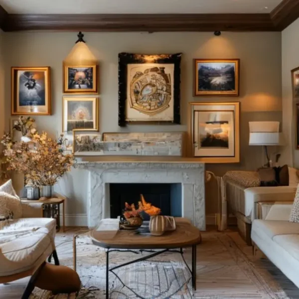 Interiores elegantes com uma coleção de quadros bem dispostos.