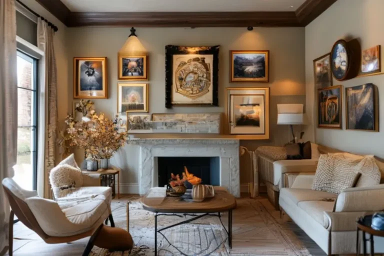 Interiores elegantes com uma coleção de quadros bem dispostos.