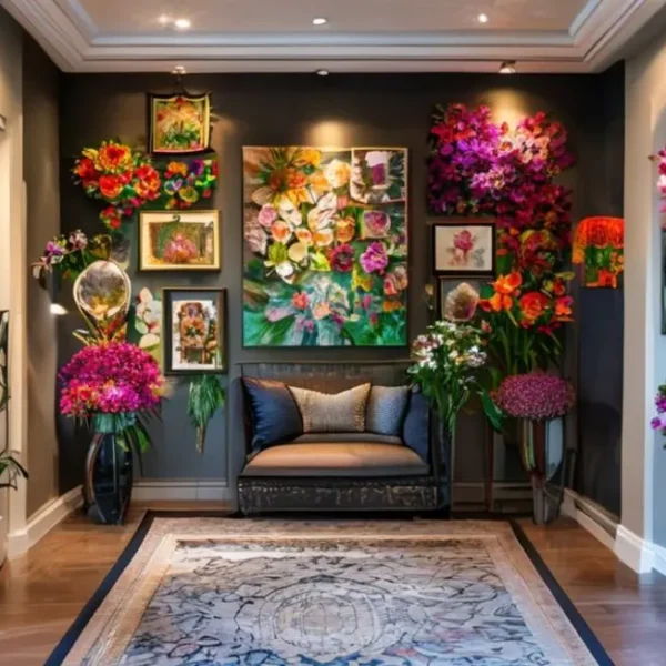 Entrada decorada com uma parede de arte impressionante.