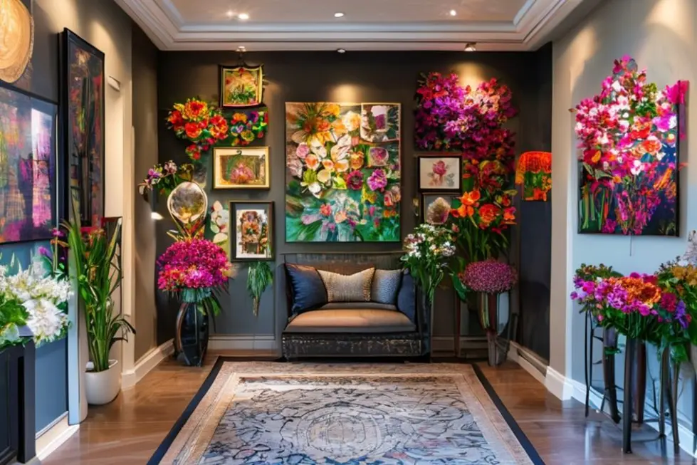 Entrada decorada com uma parede de arte impressionante.