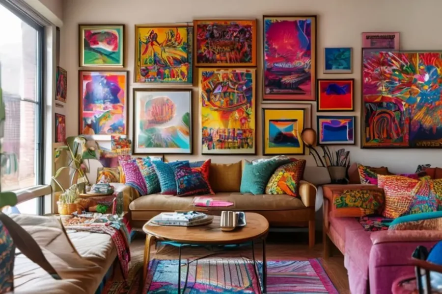 Uma sala de estar aconchegante repleta de quadros coloridos que mostram um estilo de decoração pessoal.