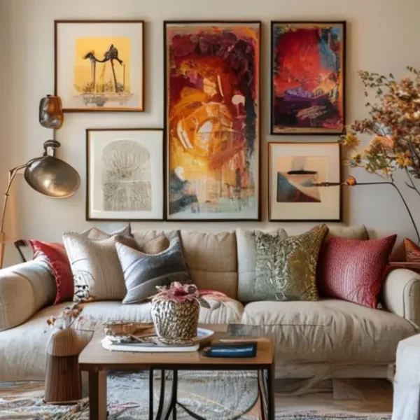 Um ambiente aconchegante e bem decorado com quadros e posters.