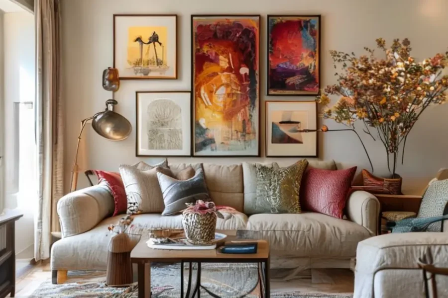 Um ambiente aconchegante e bem decorado com quadros e posters.