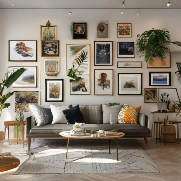 Uma parede de galeria de arte em casa, cheia de quadros variados.