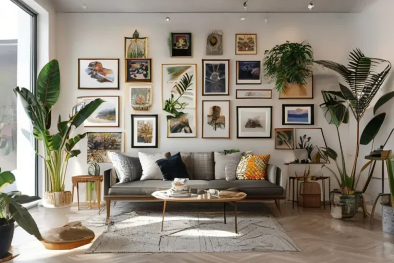 Uma parede de galeria de arte em casa, cheia de quadros variados.