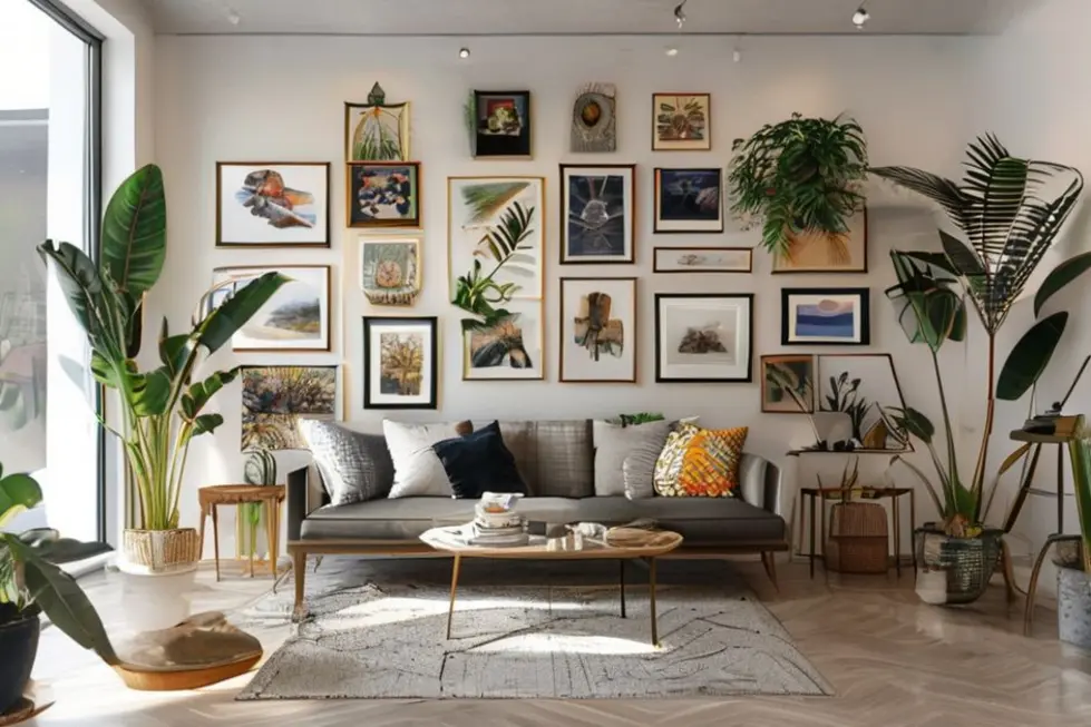 Uma parede de galeria de arte em casa, cheia de quadros variados.