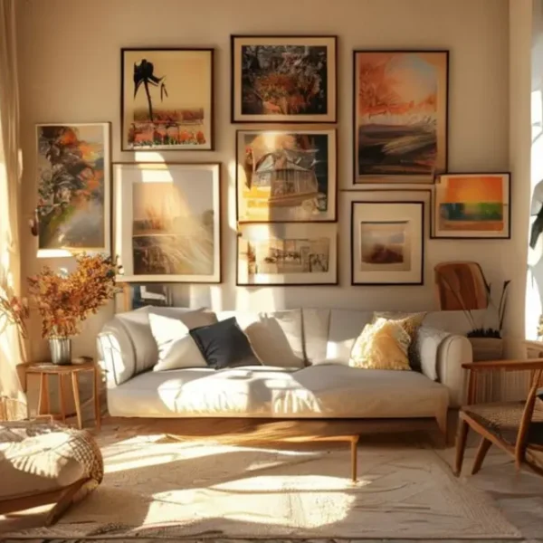 Decoração de casa elegante e cheia de quadros e posters.