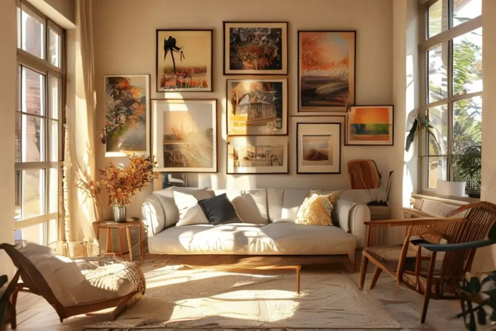 Decoração de casa elegante e cheia de quadros e posters.