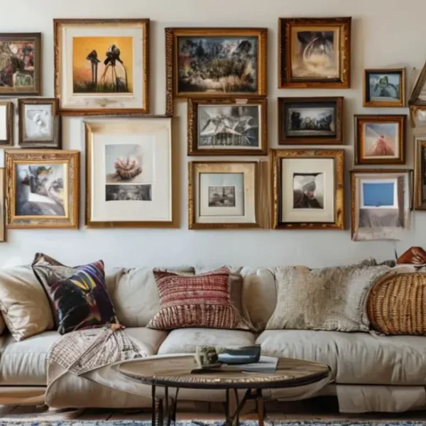 Decoração de casa com quadros que expressam criatividade pessoal.