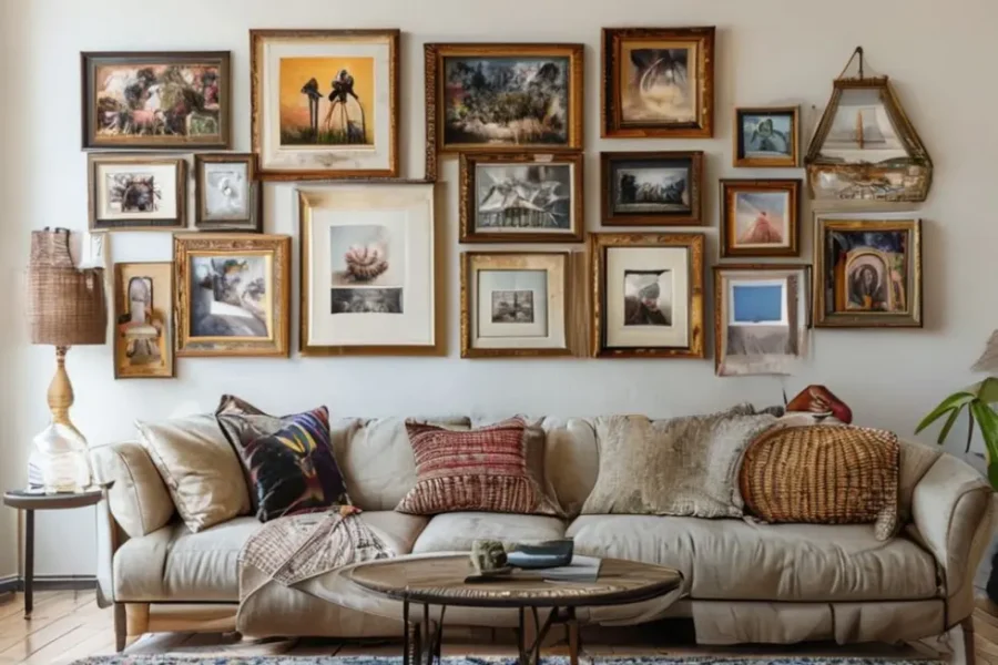 Decoração de casa com quadros que expressam criatividade pessoal.