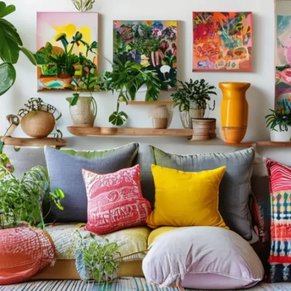 Diferentes itens de decoração para casa, destacando um ambiente acolhedor e estiloso.