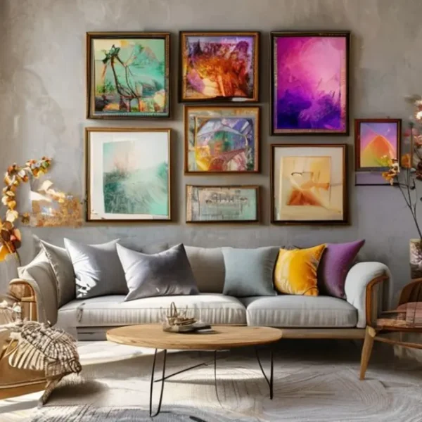 Interior de casa com quadros artísticos na parede
