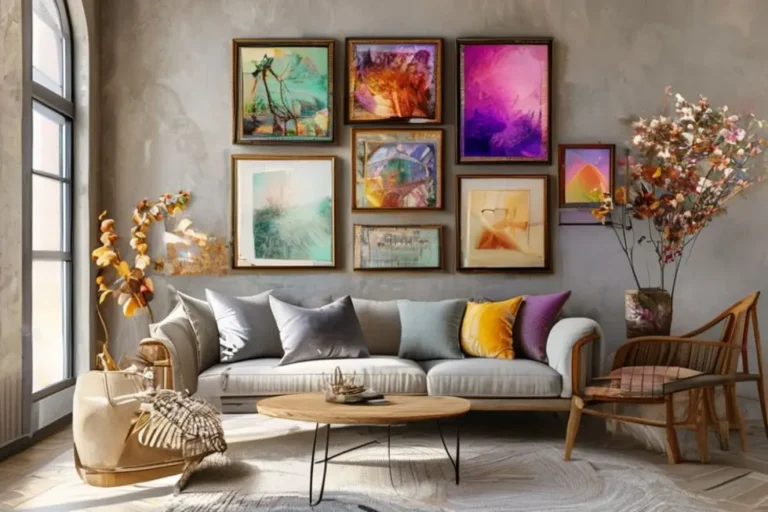 Interior de casa com quadros artísticos na parede