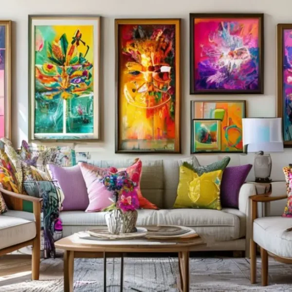 Ambiente doméstico decorado com quadros coloridos.