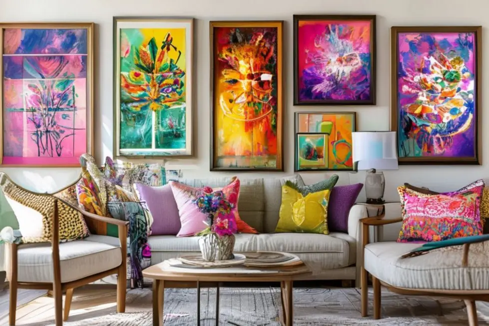Ambiente doméstico decorado com quadros coloridos.