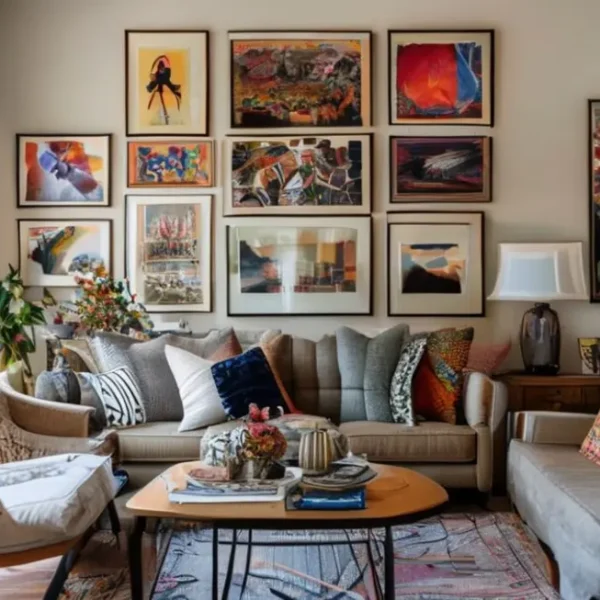 Casa aconchegante com decoração de quadros e posters.