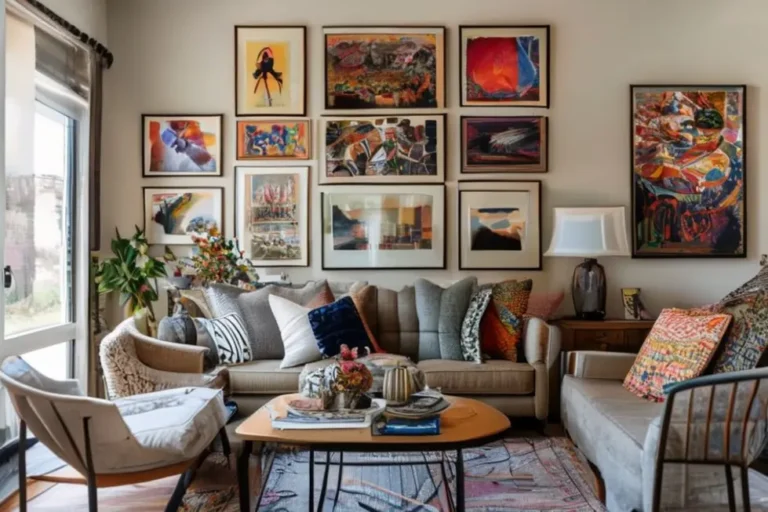 Casa aconchegante com decoração de quadros e posters.