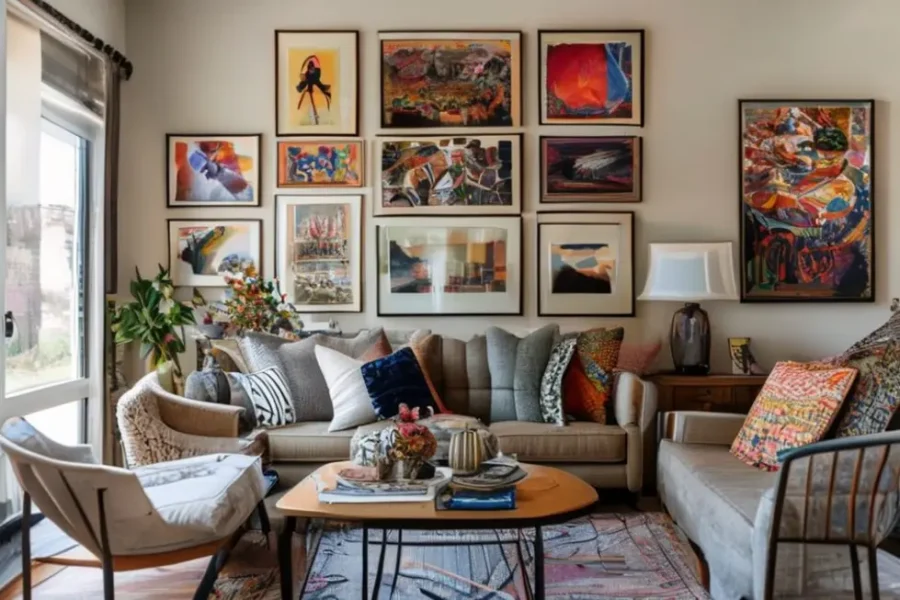 Casa aconchegante com decoração de quadros e posters.