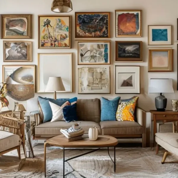 Imagem de um interior de casa decorado com quadros variados em diferentes formatos.