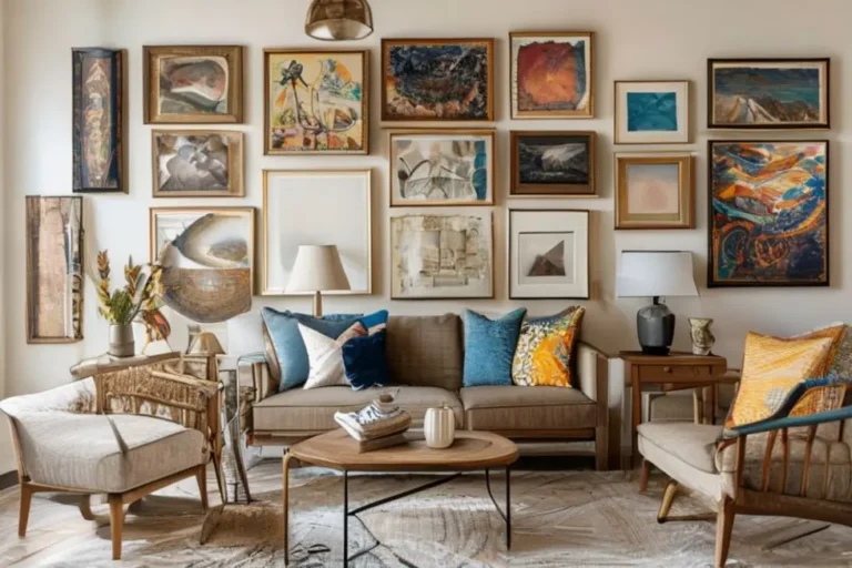 Imagem de um interior de casa decorado com quadros variados em diferentes formatos.