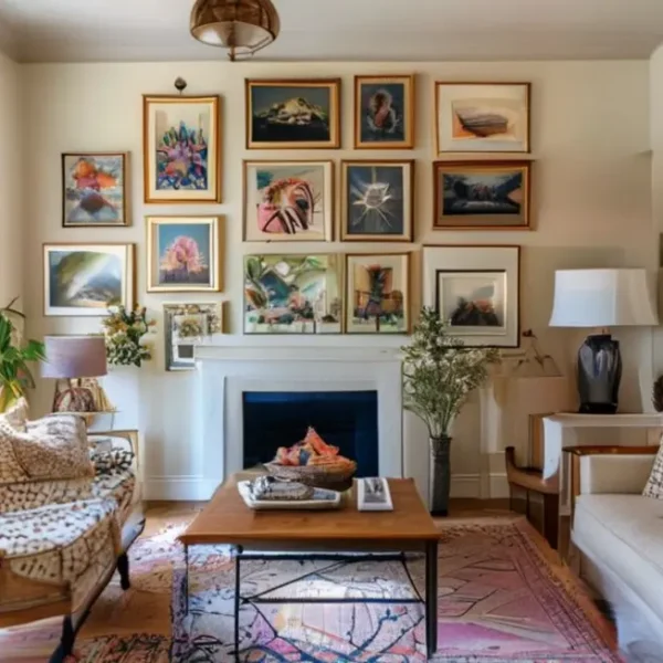 Um interior de casa iluminado e acolhedor, com uma variedade de quadros emoldurados.